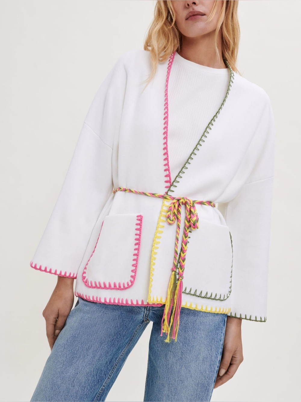 Maje Monde Belted Cardigan Sweater Large Ivory Pink Designer Parisian Chic Boho